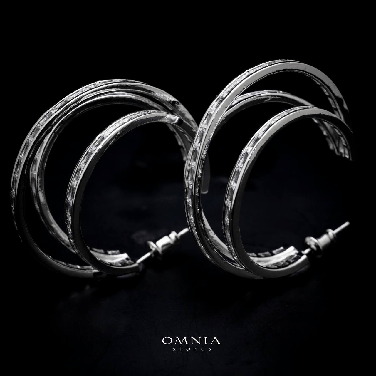 Omnia Sarah Radiant Triple Hoop Earrings in High Quality Zircon Stone Rhodium Plated - OMNIASTORES UAE