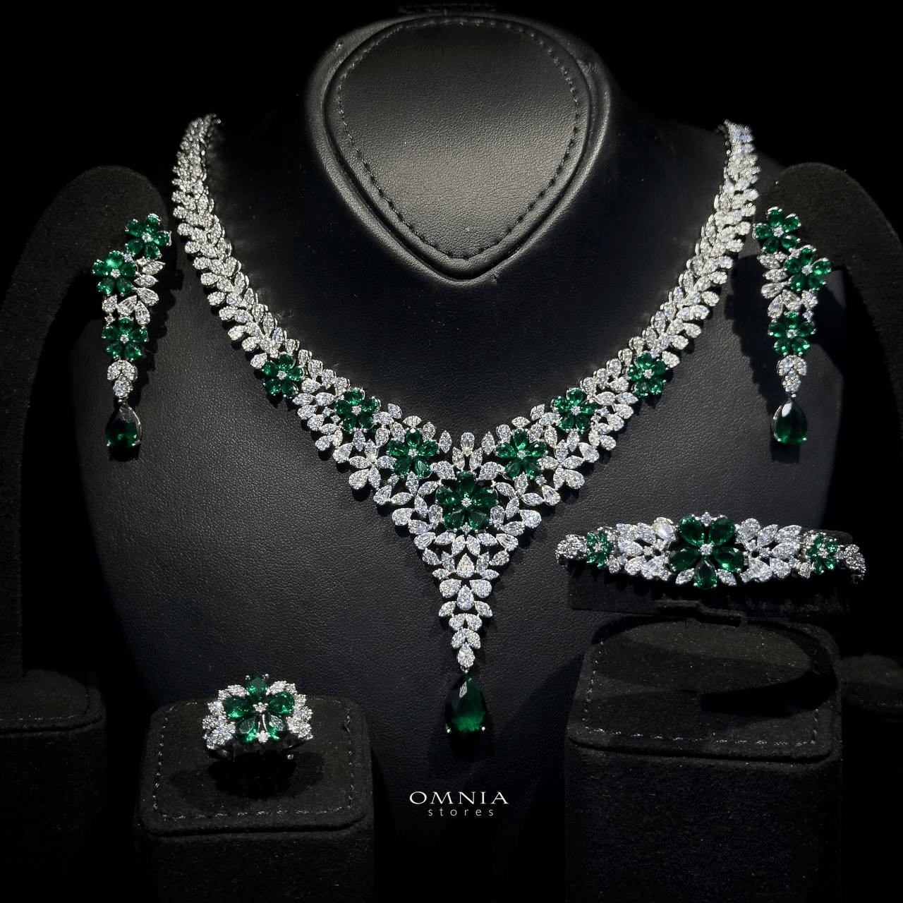 Omnia Azhar Green Bridal Full Set in High Quality Zircon Stone Rhodium Plated - OMNIASTORES UAE