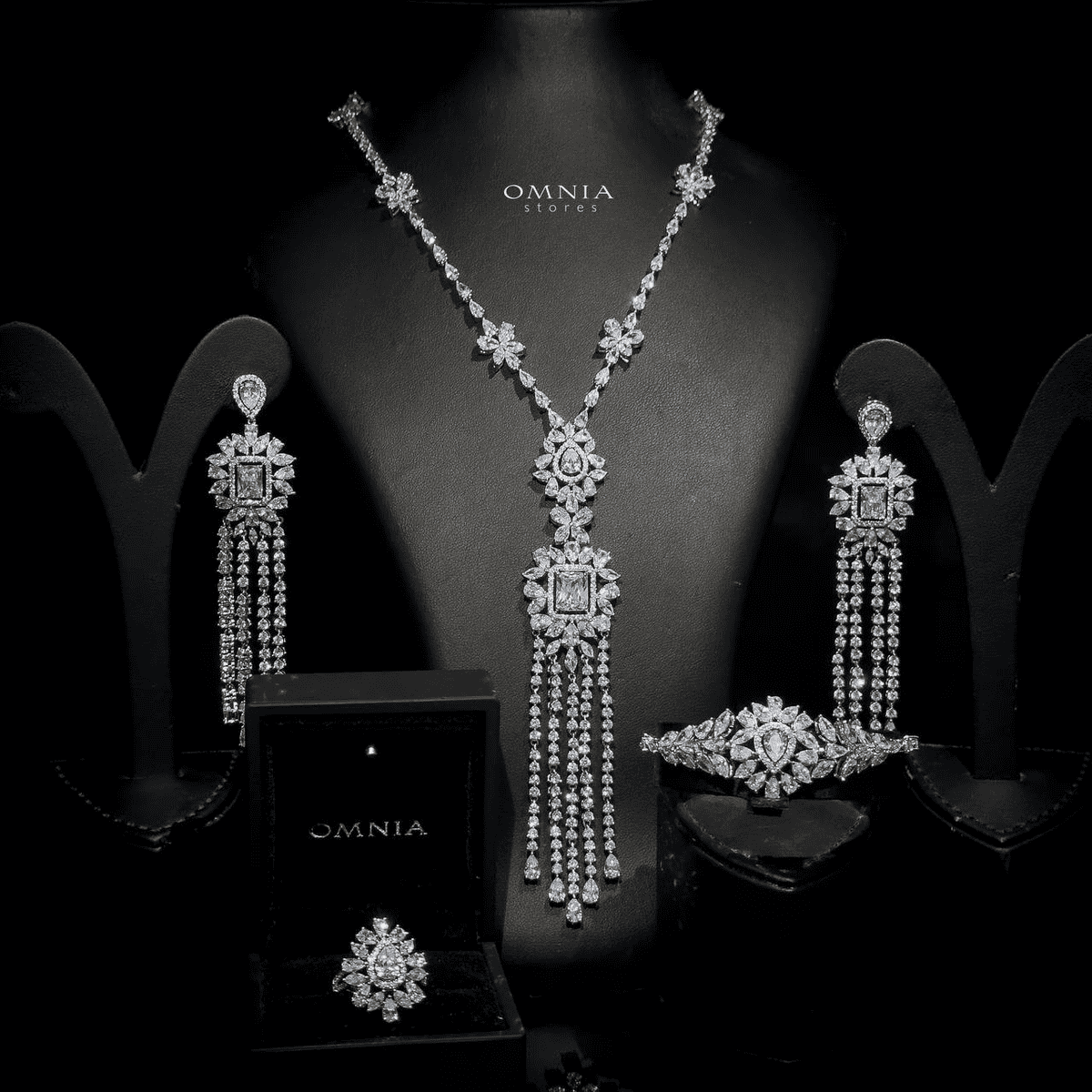 Omnia Raghad Long chain Set High Quality Zircon Stone In Rhodium Plated - OMNIASTORES UAE