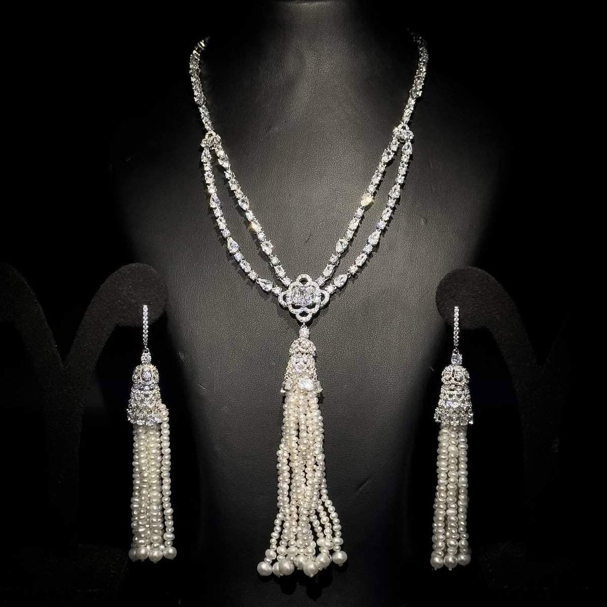 Omnia Mariella Pearl Tassel Necklace and Earring Set in High-Quality Simulated Diamonds with Classic Ivory Details - OMNIASTORES UAE