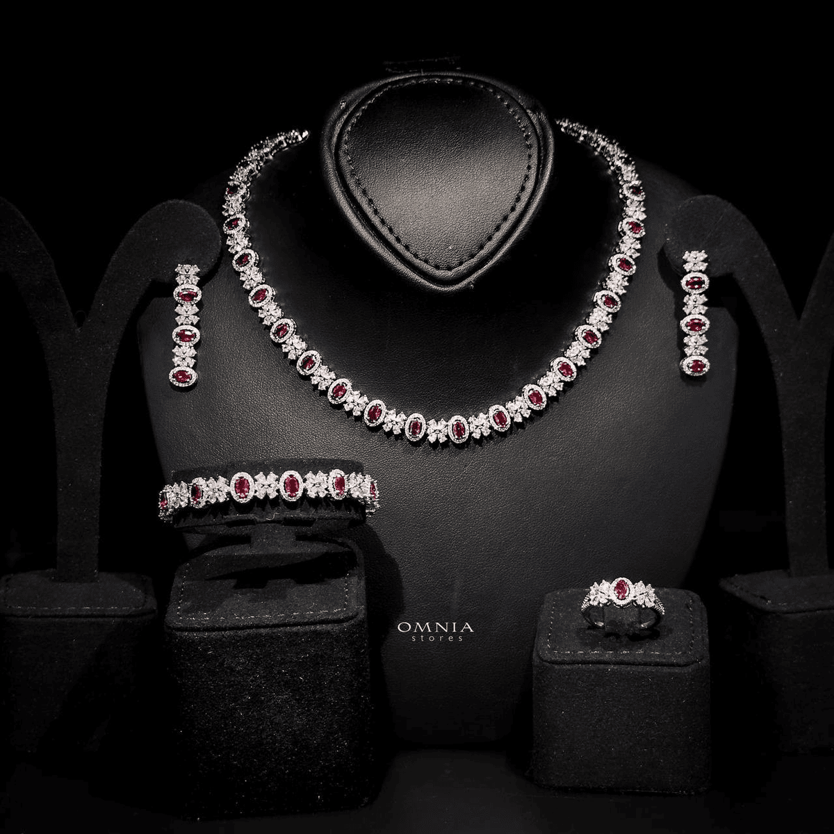 Omnia Mira Maroon Bridal Full Set in High Quality Zircon Stone Rhodium Plated - OMNIASTORES UAE