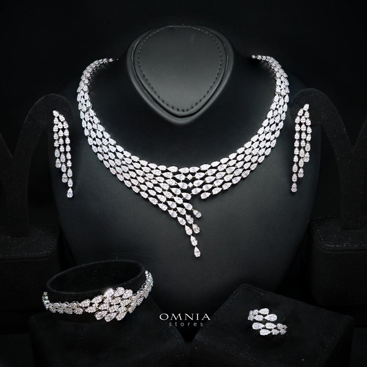 Daphne Luxury White Layered V-Cascade Drop Bridal Full Set with Premium Zircon Stones, Rhodium-Plated Finish