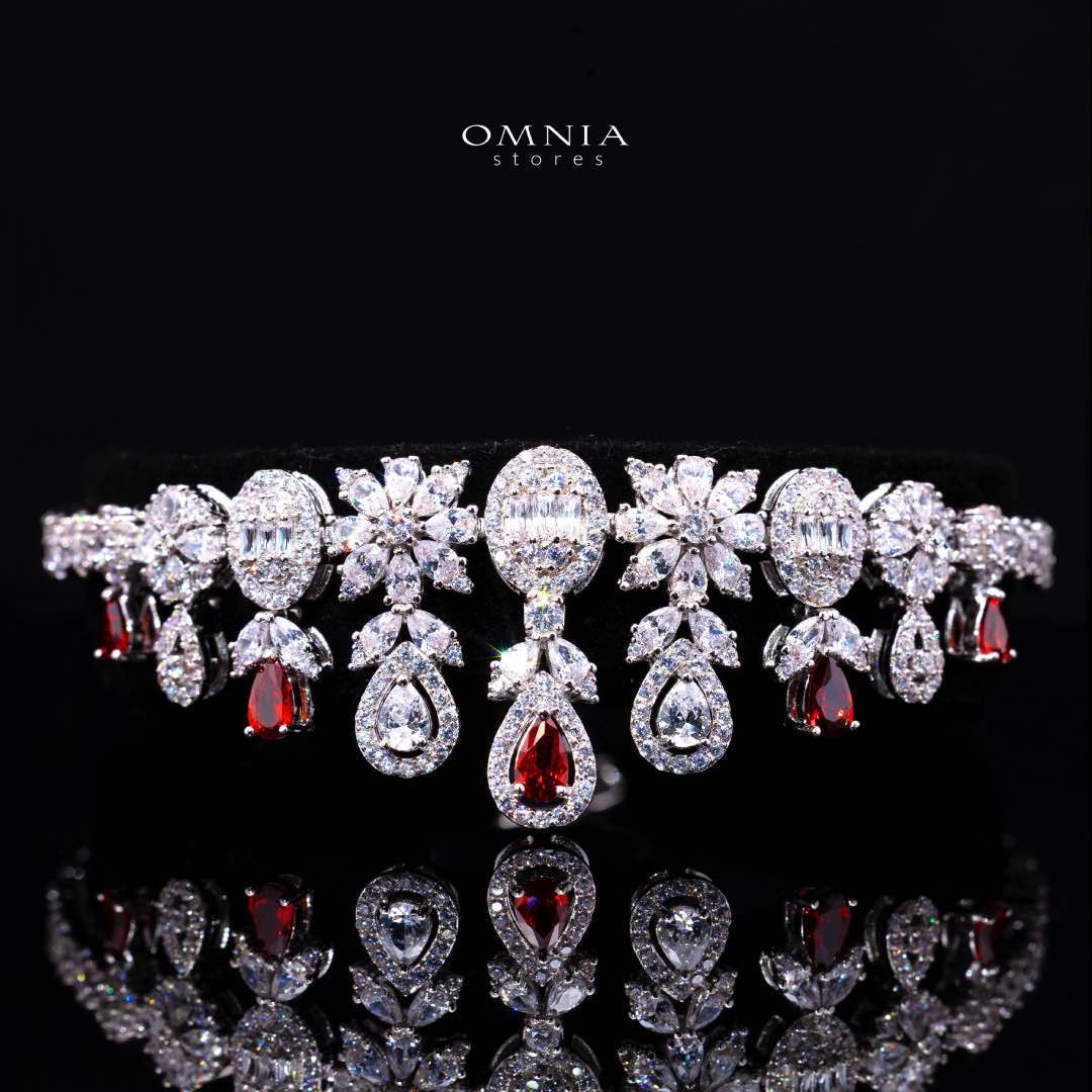 Omnia Trisha Red Full set Accessories in High Quality Zircon Stone in Rhodium Plated