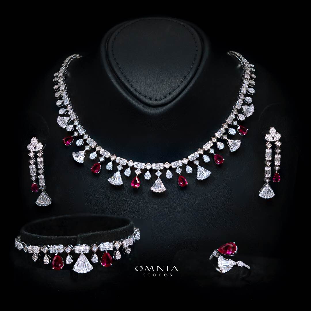 Omnia Marwa Red Bridal Full Set in High Quality Zircon Stone Rhodium Plated