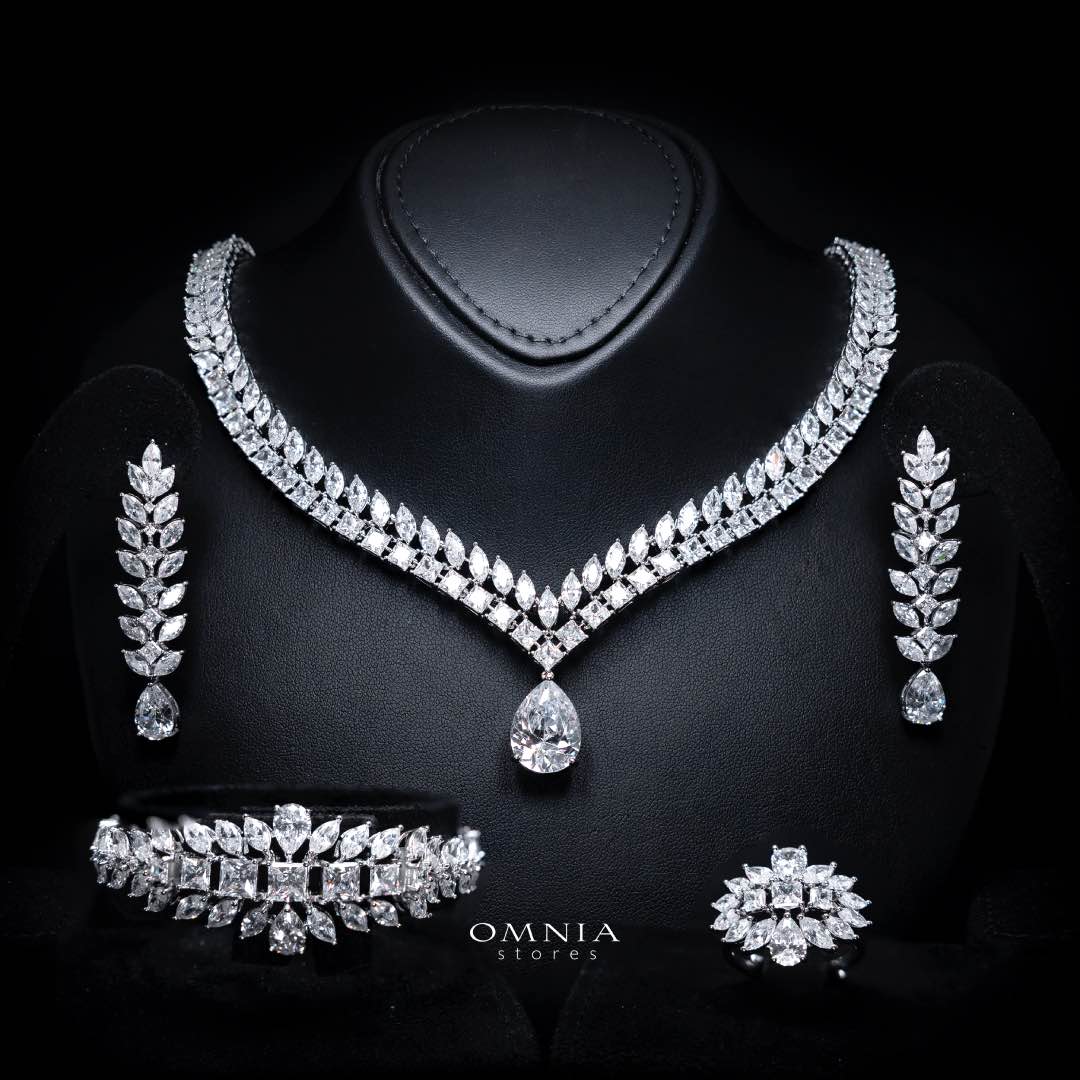 Omnia Dalal Bridal White Full Set with Teardrop Design in High Quality Zircon Stone Rhodium Plated