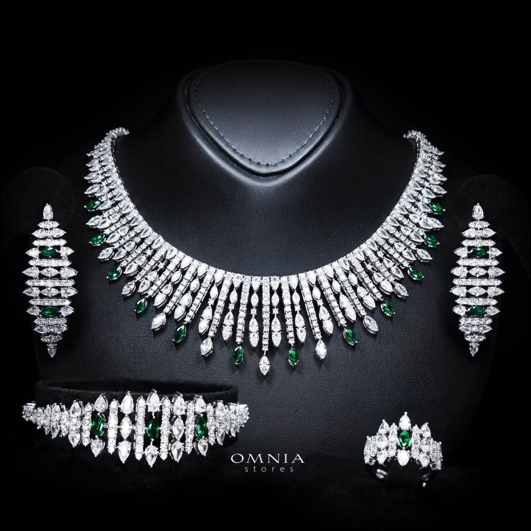 Omnia Lana Green Bridal Full Set in High Quality Zircon Stone Rhodium Plated