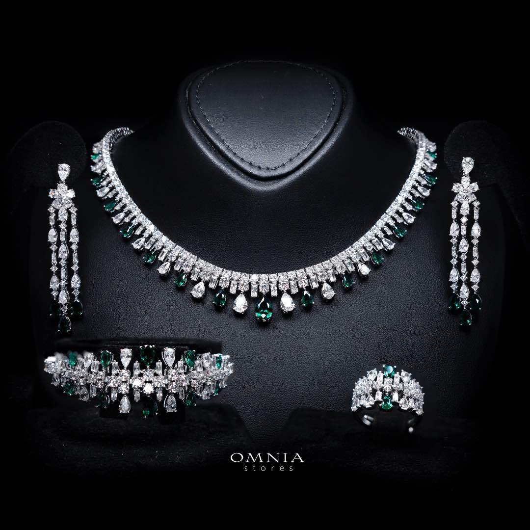 Omnia Nisrine Green Luxury Bridal Full Set in High Quality Zircon Stone Rhodium Plated