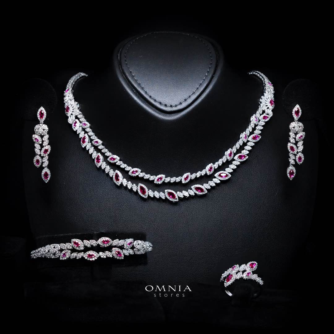 Omnia Nada Maroon Bridal Full Set in High Quality Zircon Stone Rhodium Plated