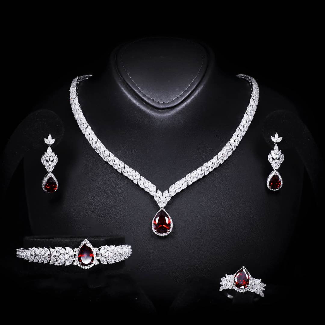Omnia Aamira Teardrop-Design Bridal Red Full Set with High Quality Zircon Stone Premium Rhodium Plated (Size 18cm Ring Size 7 Only available in KSA)