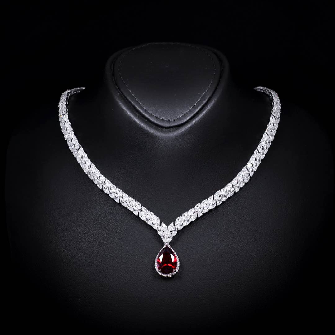 Omnia Aamira Teardrop-Design Bridal Red Full Set with High Quality Zircon Stone Premium Rhodium Plated (Size 18cm Ring Size 7 Only available in KSA)