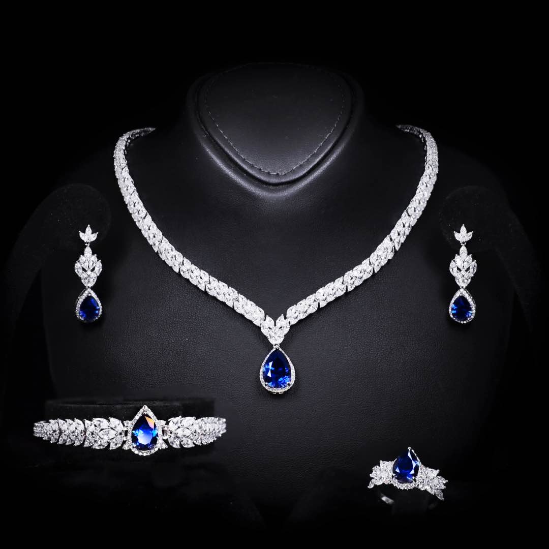 Omnia Aamira Teardrop-Design Bridal Navy Blue Full Set with High Quality Zircon Stone Premium Rhodium Plated