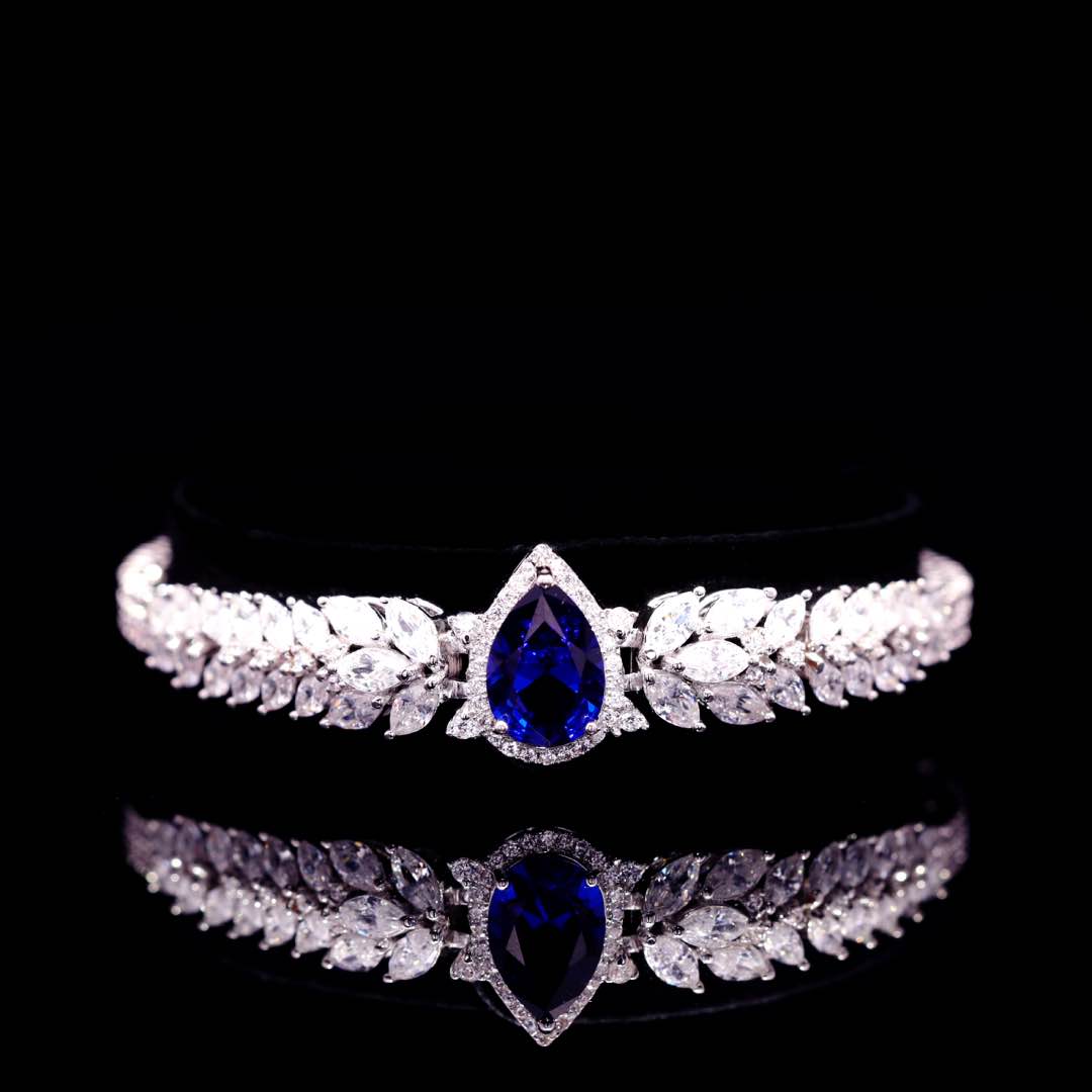 Omnia Aamira Teardrop-Design Bridal Navy Blue Full Set with High Quality Zircon Stone Premium Rhodium Plated