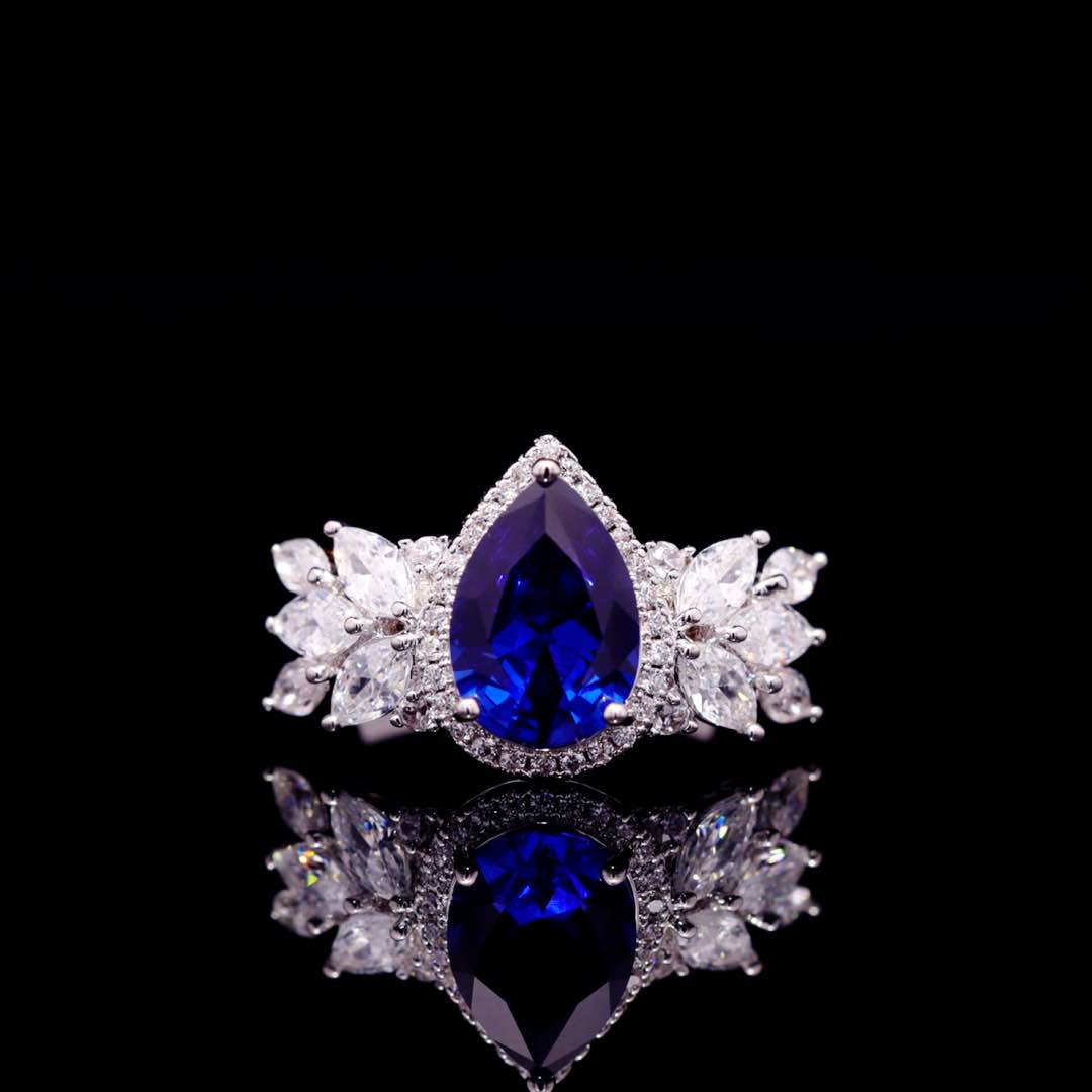 Omnia Aamira Teardrop-Design Bridal Navy Blue Full Set with High Quality Zircon Stone Premium Rhodium Plated