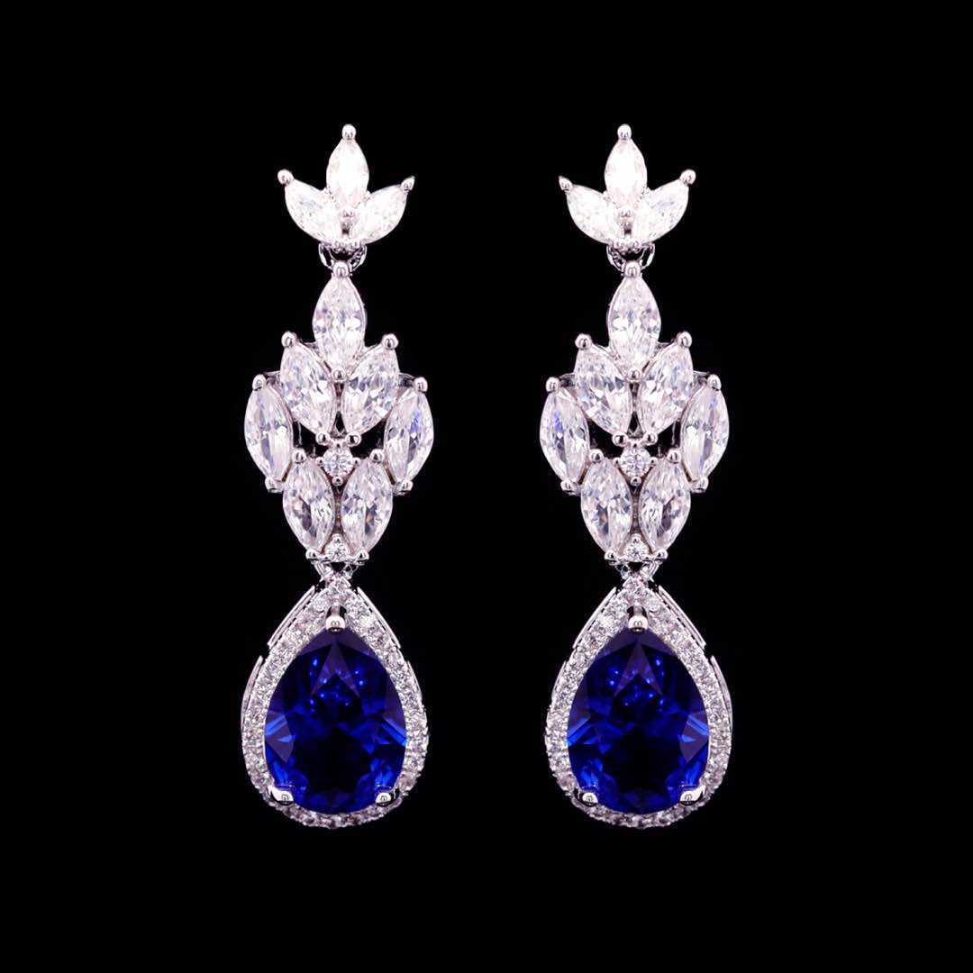 Omnia Aamira Teardrop-Design Bridal Navy Blue Full Set with High Quality Zircon Stone Premium Rhodium Plated