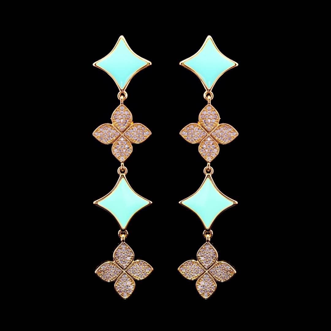 Omnia Golden Clove Turquoise Choker Full Set with High-Quality Simulated Diamonds Gold Plated