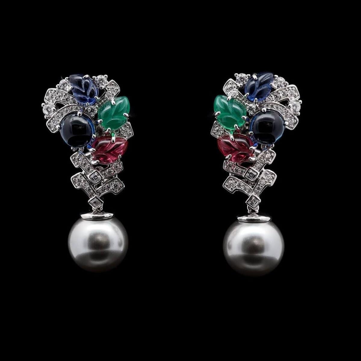 Omnia Amira Multicolor Floral Design Pearl Drop Earrings in 925 Silver with High-Quality Simulated Diamonds - OMNIASTORES UAE