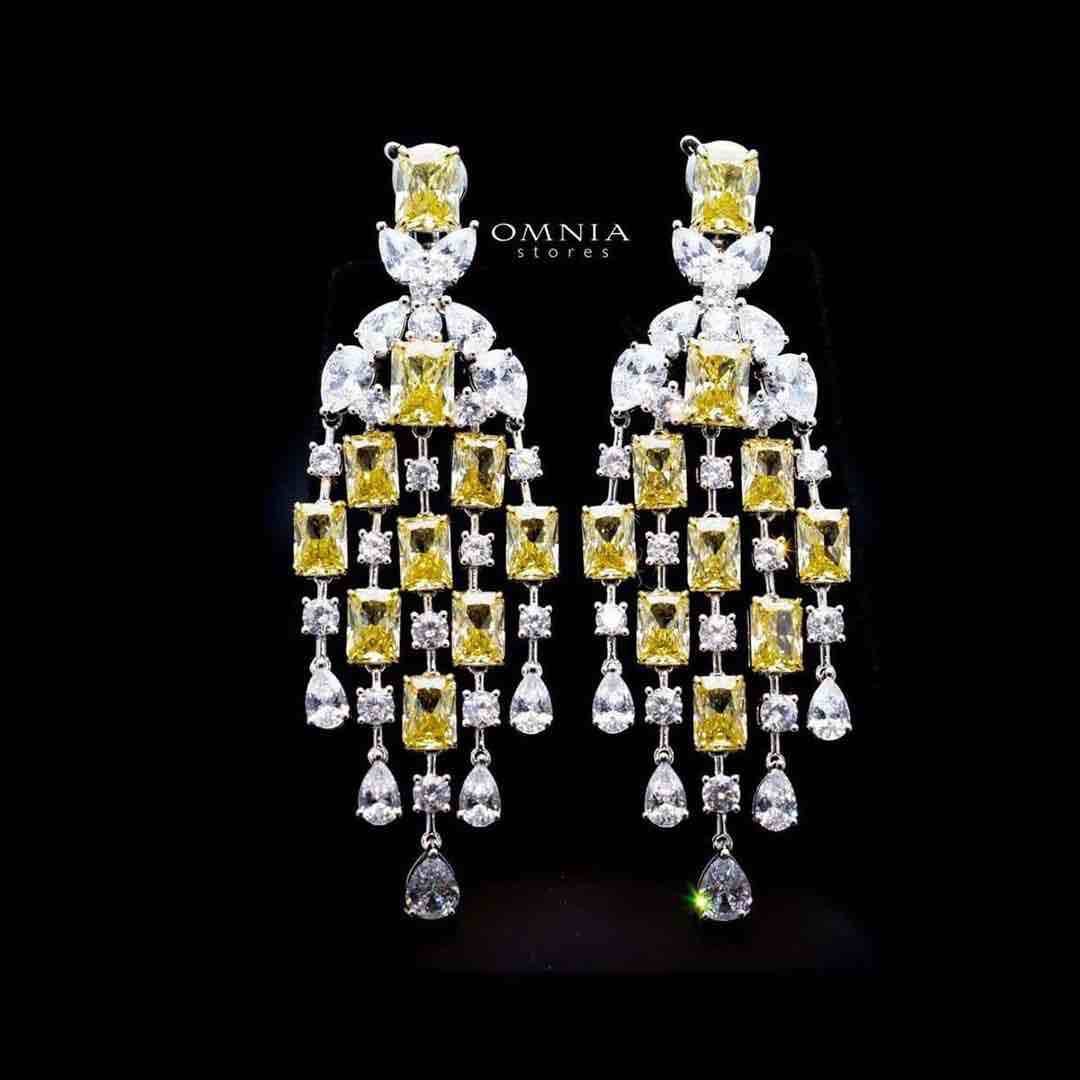 Omnia Israa Yellow Chandelier Earrings In 92.5 Silver High Quality Simulated diamonds - OMNIASTORES UAE