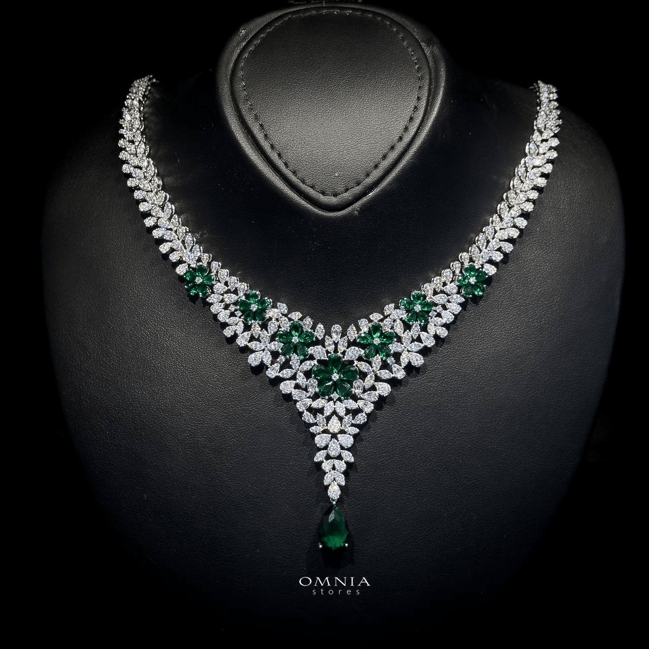 Omnia Azhar Green Bridal Full Set in High Quality Zircon Stone Rhodium Plated - OMNIASTORES UAE