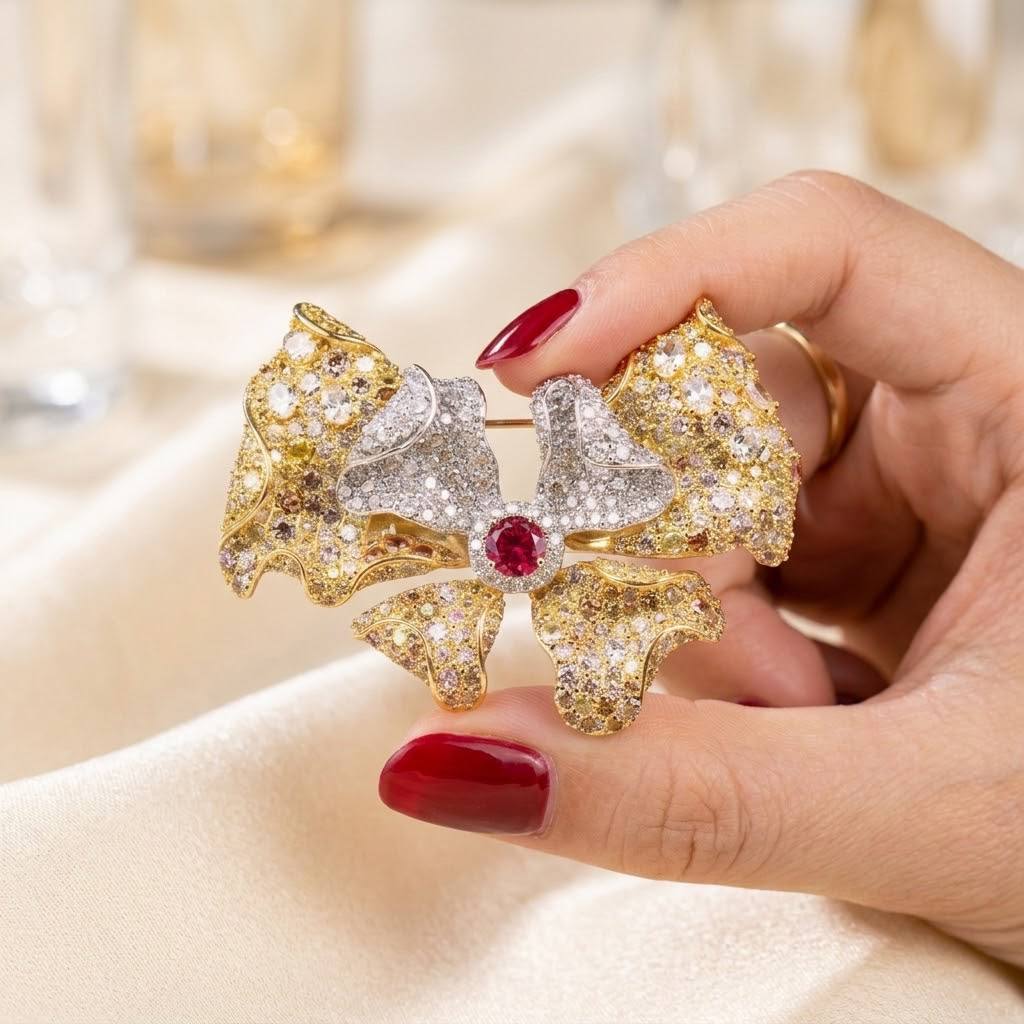 Omnia Aria Brooch In Gold-Plated High-Quality Simulated Diamonds with Ruby Center Stone