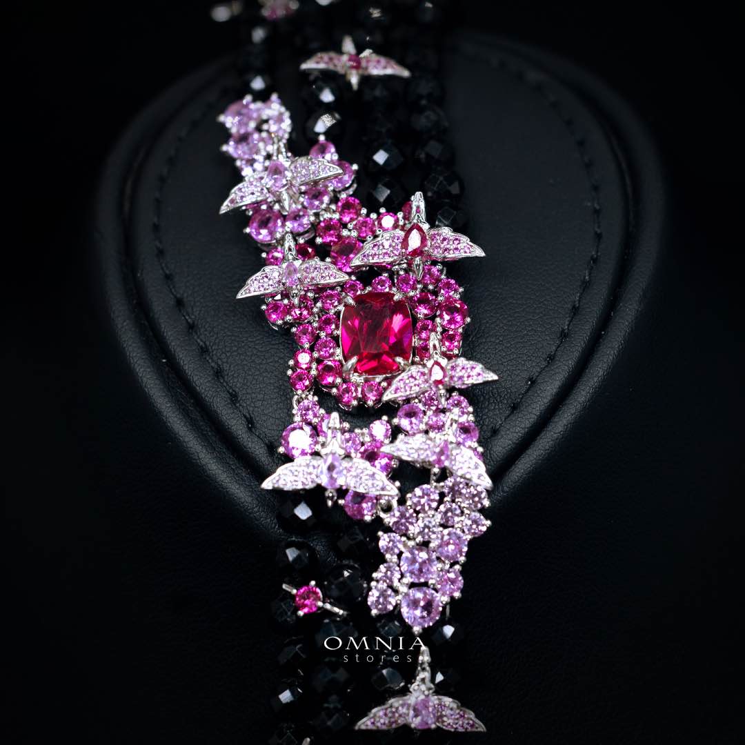 Omnia Blossom Black Beads Necklace in 925 Silver with High Quality Simulated Diamonds