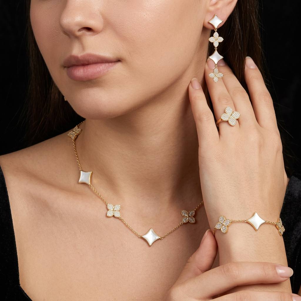 Omnia Golden Clove White Choker Full Set with High-Quality Simulated Diamonds Gold Plated 40cm