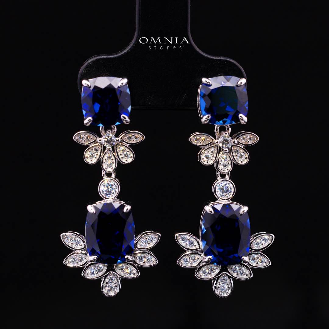 Omnia Miray White and Blue Floral Earrings With High Quality Sapphire Lab Grown Stones in 925 Silver