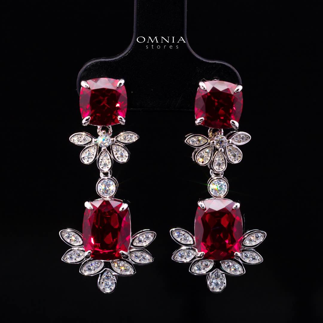 Omnia Miray White and Red Floral Earrings With High Quality Ruby Lab Grown Stones in 925 Silver