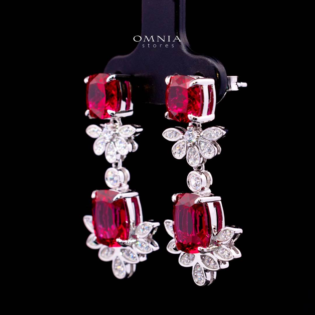 Omnia Miray White and Red Floral Earrings With High Quality Ruby Lab Grown Stones in 925 Silver