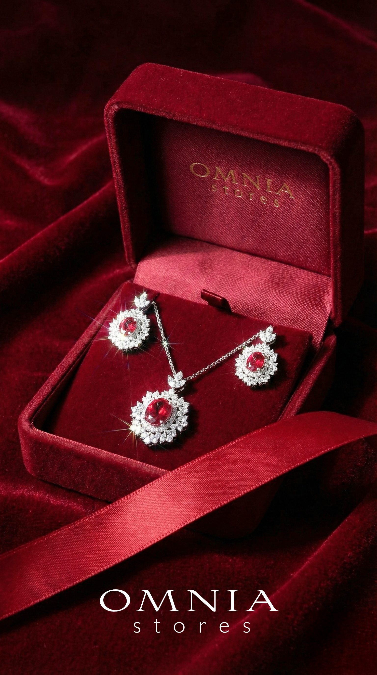 Omnia Esma Silver Necklace and Earrings Set in 925 Silver With High Quality GRC Certified Ruby Red Lab Grown Stones