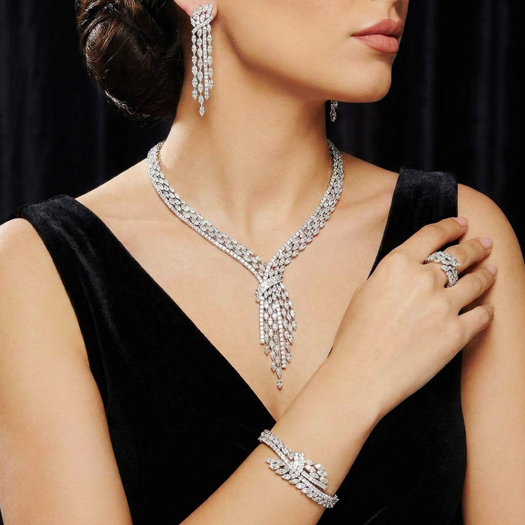 Omnia Fatma White Luxury Bridal Full Set in High Quality Zircon Stone in Rhodium Plated