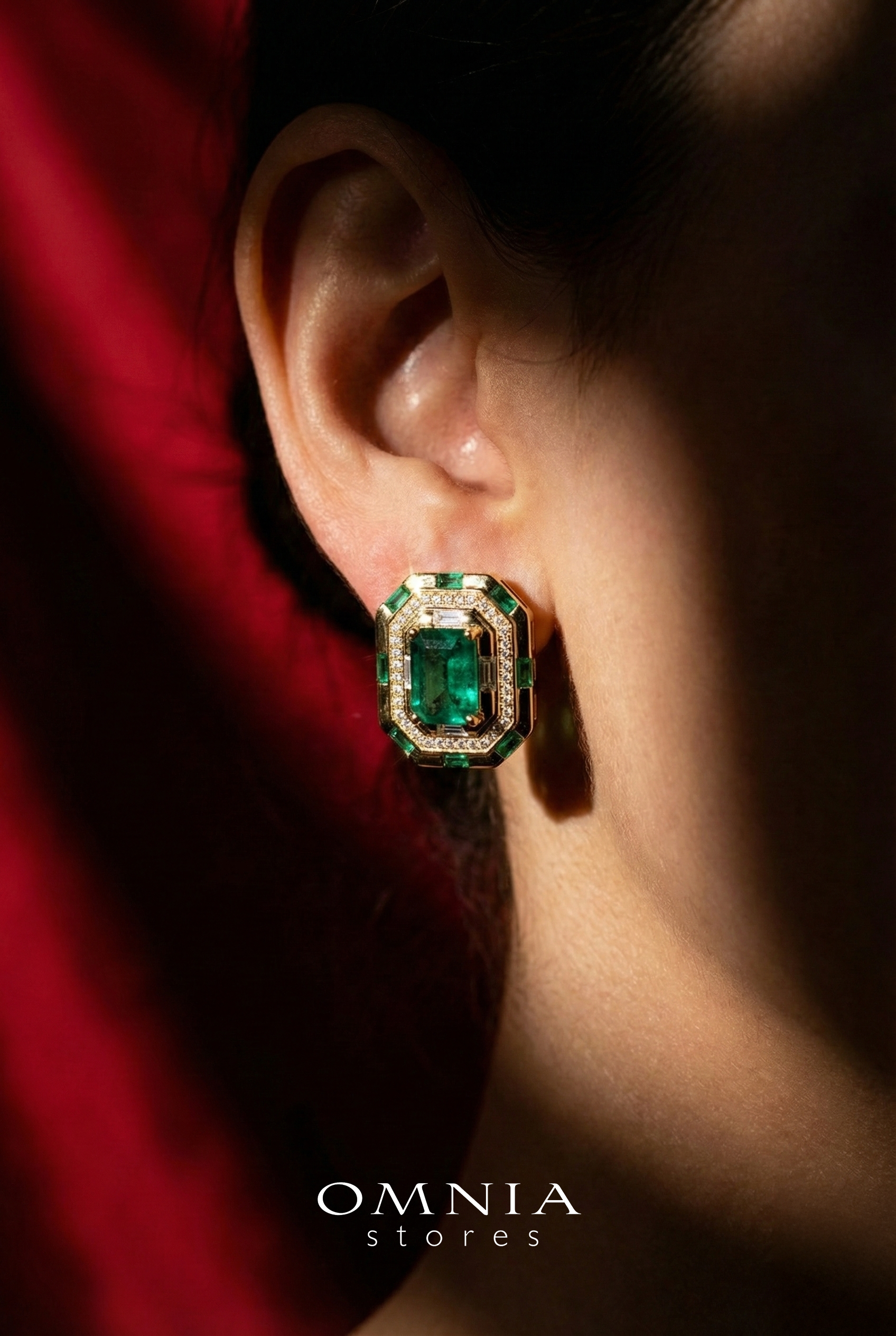 Omnia Zyra Emerald Green Golden Stud Earrings in 925 Silver with High Quality Simulated Diamonds