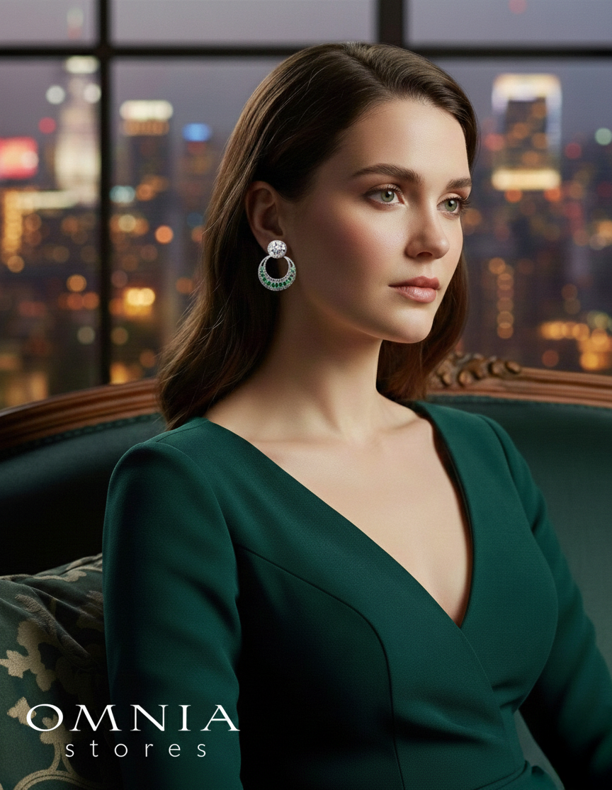 Omnia Hilf Green Silver Drop Earrings in 925 Silver High Quality White Simulated Diamond Stones