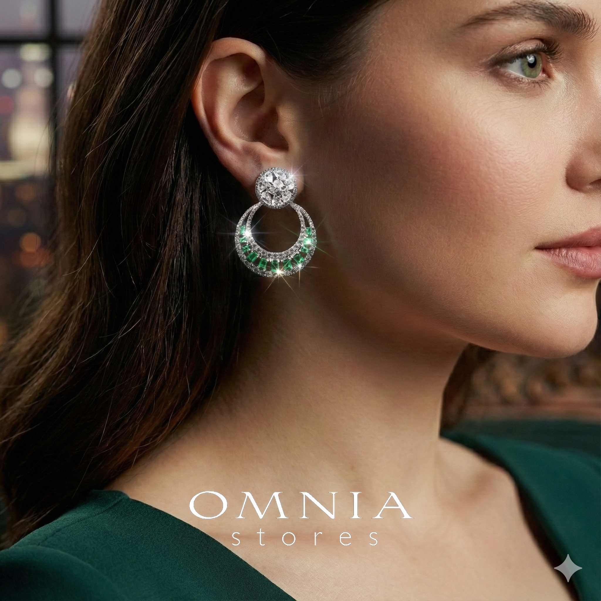 Omnia Hilf Green Silver Drop Earrings in 925 Silver High Quality White Simulated Diamond Stones