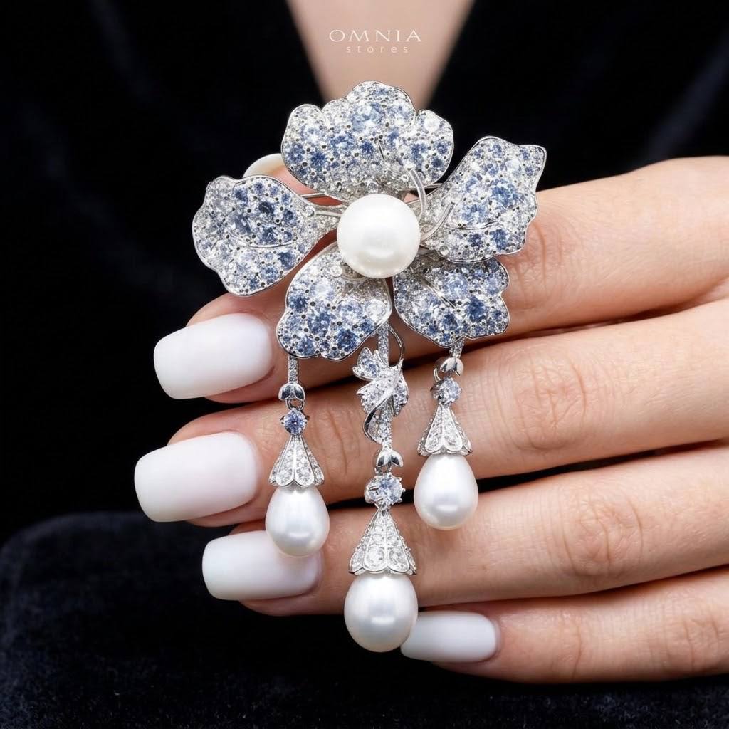 دبوس أمانيا حليمة من لؤلؤ المياه العذبة الحقيقي من الفضة عيار 92.5 عالية الجودة ومرصع بالألماس الصناعي