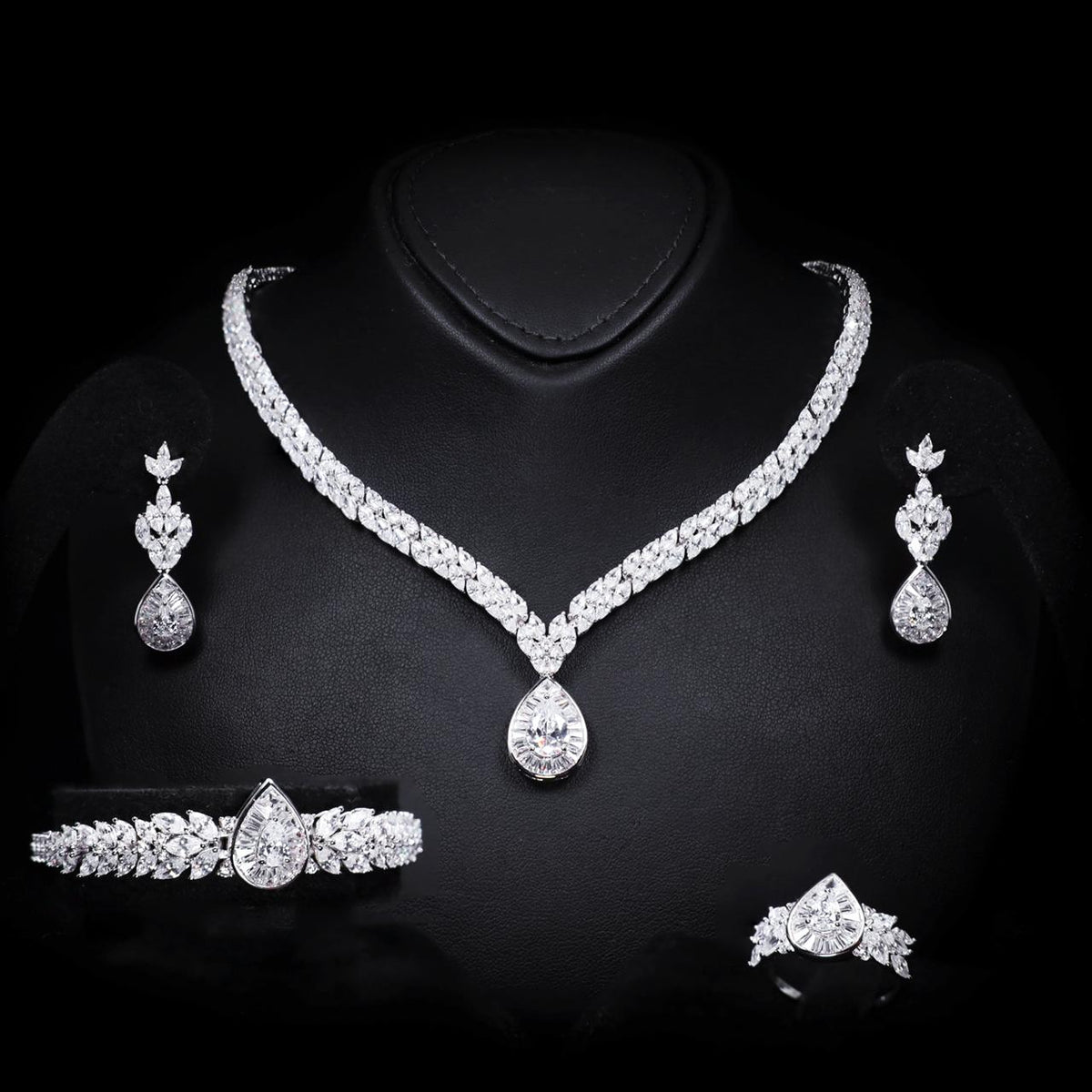 Harlyn White Luxury Bridal Full Set with High-Quality Zircon Stones Rhodium-Plated Finish