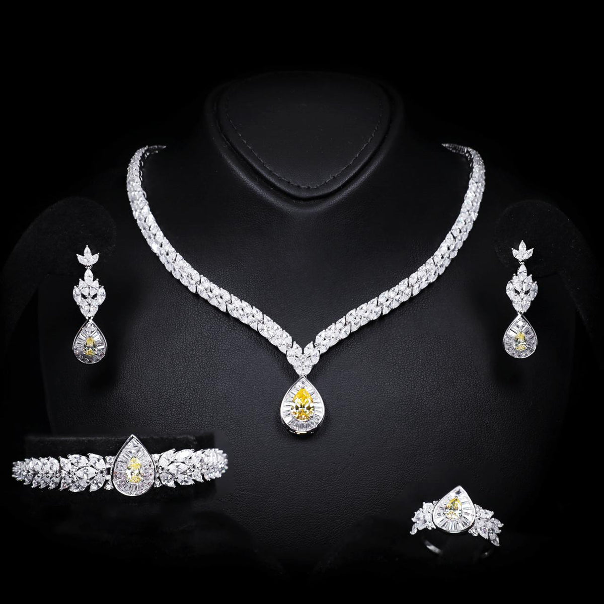 Harlyn Yellow Luxury Bridal Full Set with High-Quality Zircon Stones Rhodium-Plated Finish