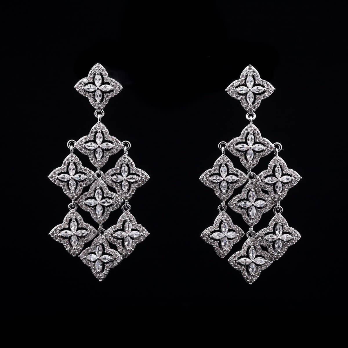 Omnia White Geometric Cascade Earrings with Pave-Set High-Quality Zircon Stones in a Gold-Tone Rhodium Plated Finish - OMNIASTORES UAE