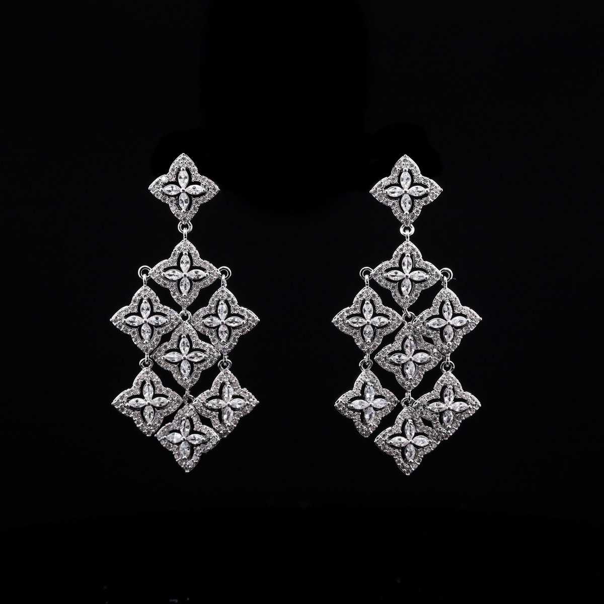 Omnia White Geometric Cascade Earrings with Pave-Set High-Quality Zircon Stones in a Gold-Tone Rhodium Plated Finish - OMNIASTORES UAE