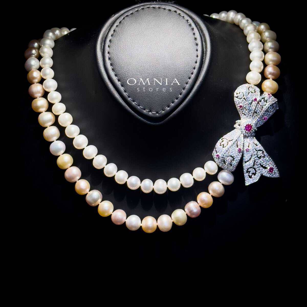 Omnia Arleth Multi-Color Real Pearl Set with Bow Accent and High-Quality Simulated Diamonds, Featuring a Double-Strand Design - OMNIASTORES UAE