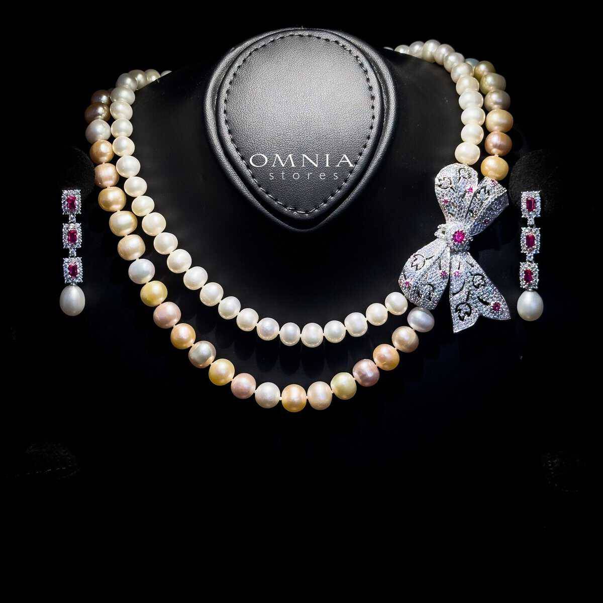 Omnia Arleth Multi-Color Real Pearl Set with Bow Accent and High-Quality Simulated Diamonds, Featuring a Double-Strand Design - OMNIASTORES UAE