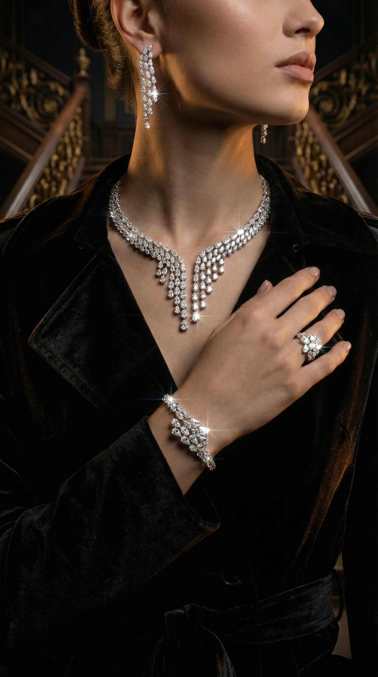 طقم زفاف فاخر من أومنيا سينا باللون الأبيض، مرصع بأحجار الزركون عالية الجودة ومطلي بالروديوم.