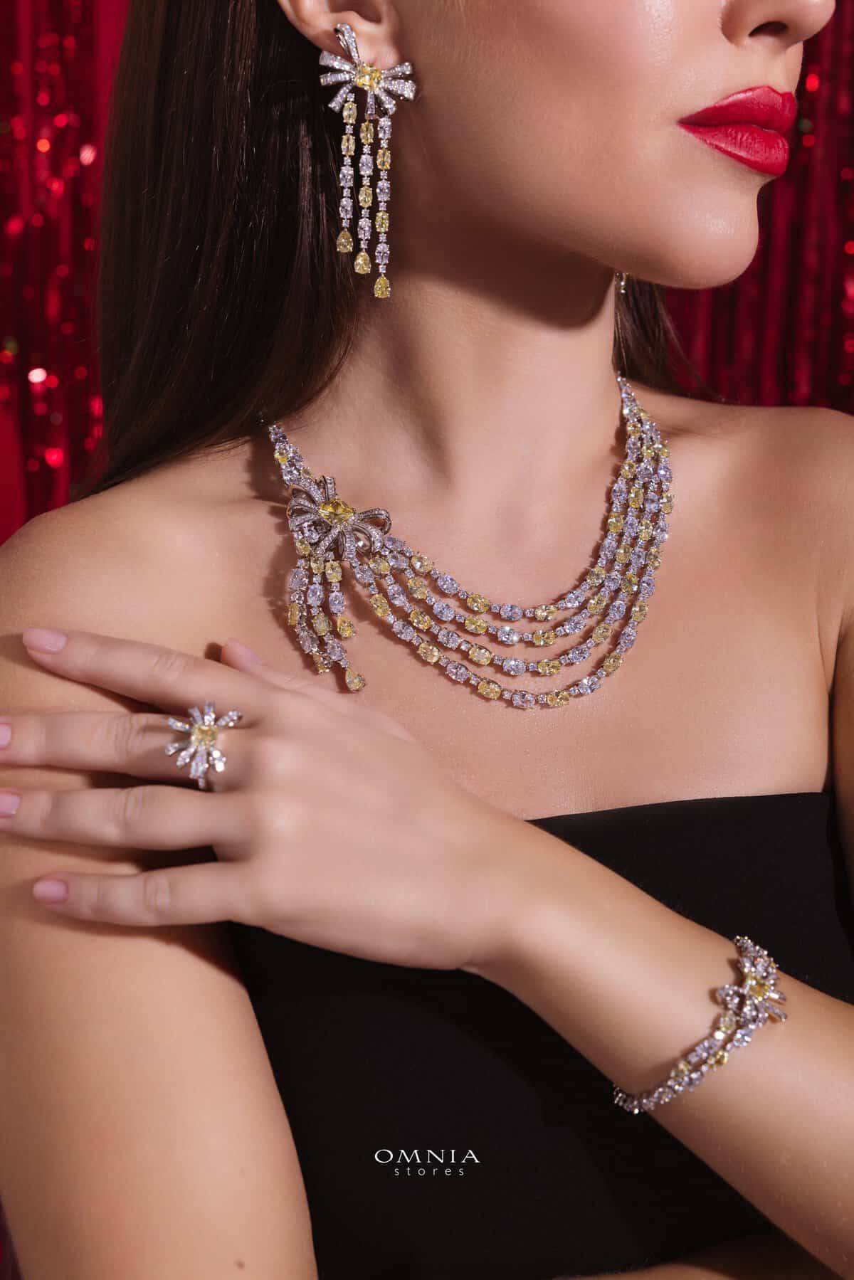 Omnia Mawada Yellow Bridal Full Set with Elegant Bow-Accent Design and High-Quality Zircon Stones in Rhodium Plated Finish - OMNIASTORES UAE