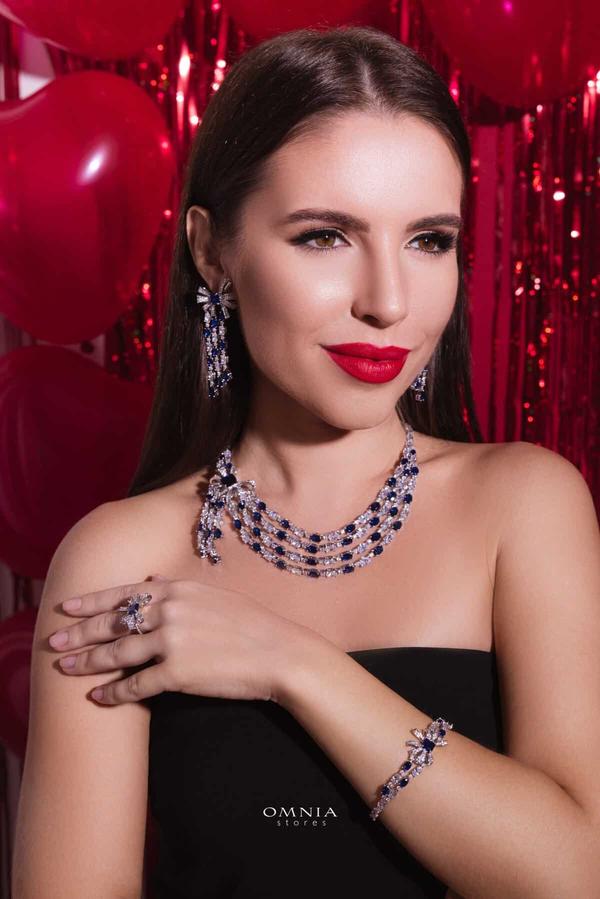 Omnia Mawada Blue Bridal Full Set with Elegant Bow-Accent Design and High-Quality Zircon Stones in Rhodium Plated Finish