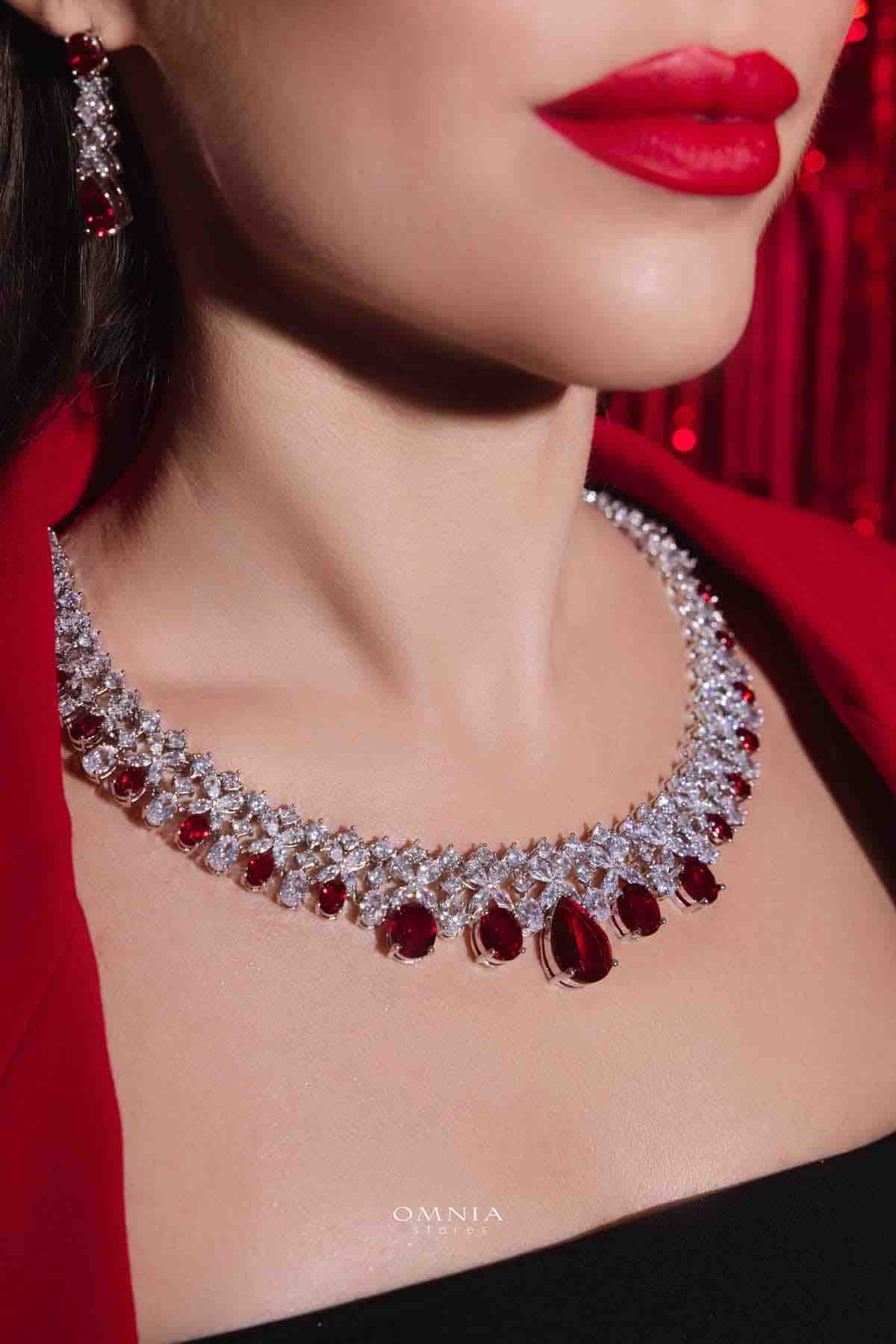 Omnia Suhana Red Bridal Full Set in High Quality Simulated Diamonds - OMNIASTORES UAE