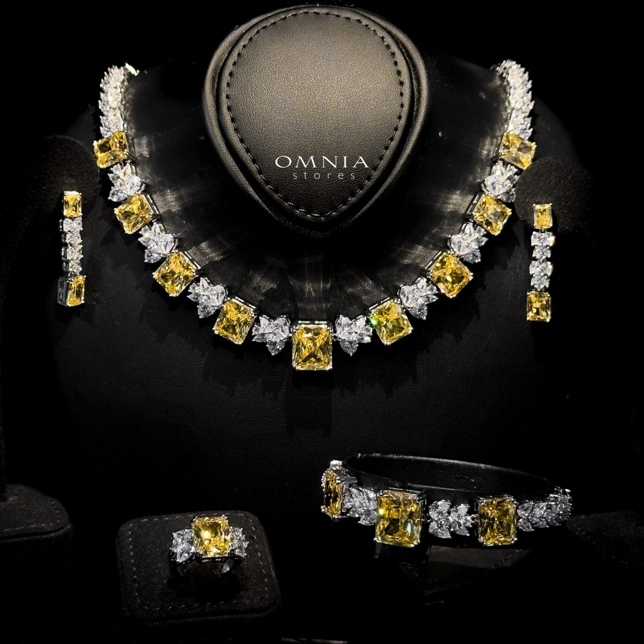 Omnia Amelia Yellow Bridal Full Set with Radiant and Pear-Cut High-Quality Simulated Diamonds in High-Quality Rhodium Plating - OMNIASTORES UAE
