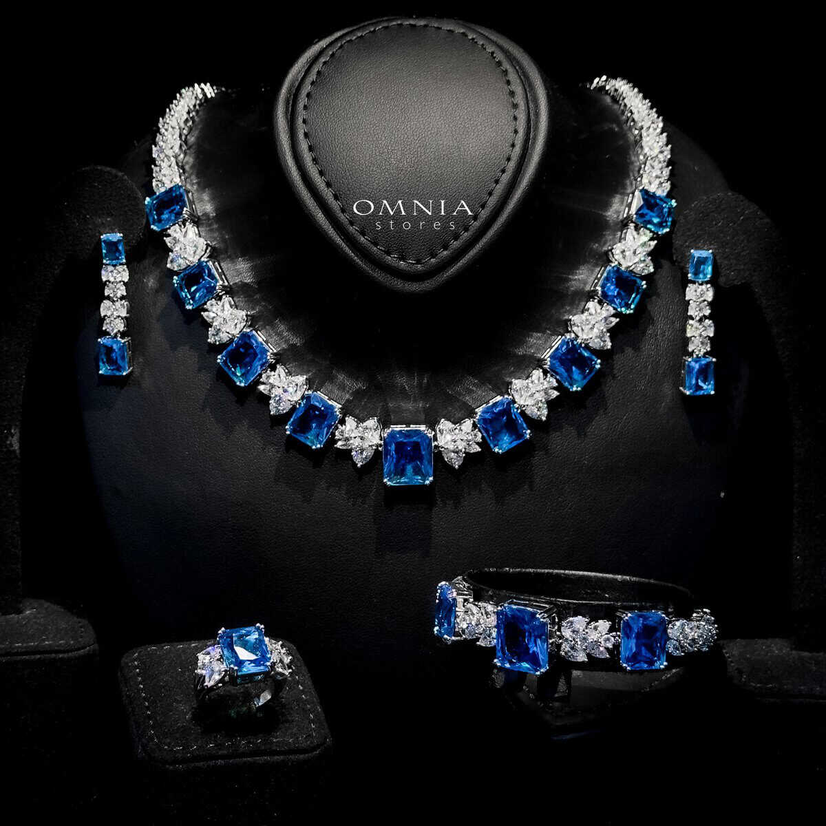 Omnia Amelia Sky Blue Bridal Full Set with Emerald and Pear-Cut High-Quality Simulated Diamonds - OMNIASTORES UAE