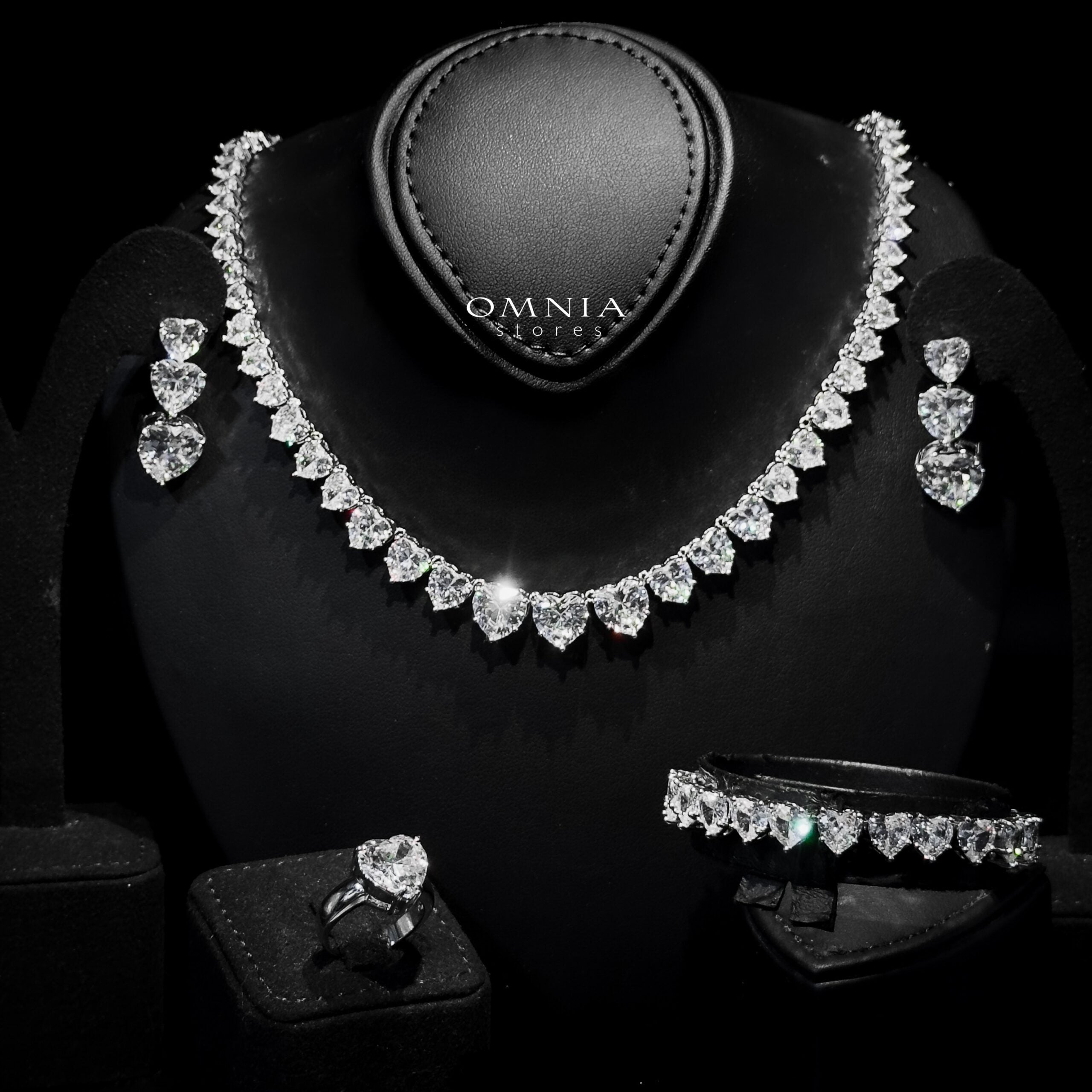 Omnia Donatella White Bridal Full Set with Heart-Cut High-Quality Simulated Diamonds Rhodium Plated - OMNIASTORES UAE