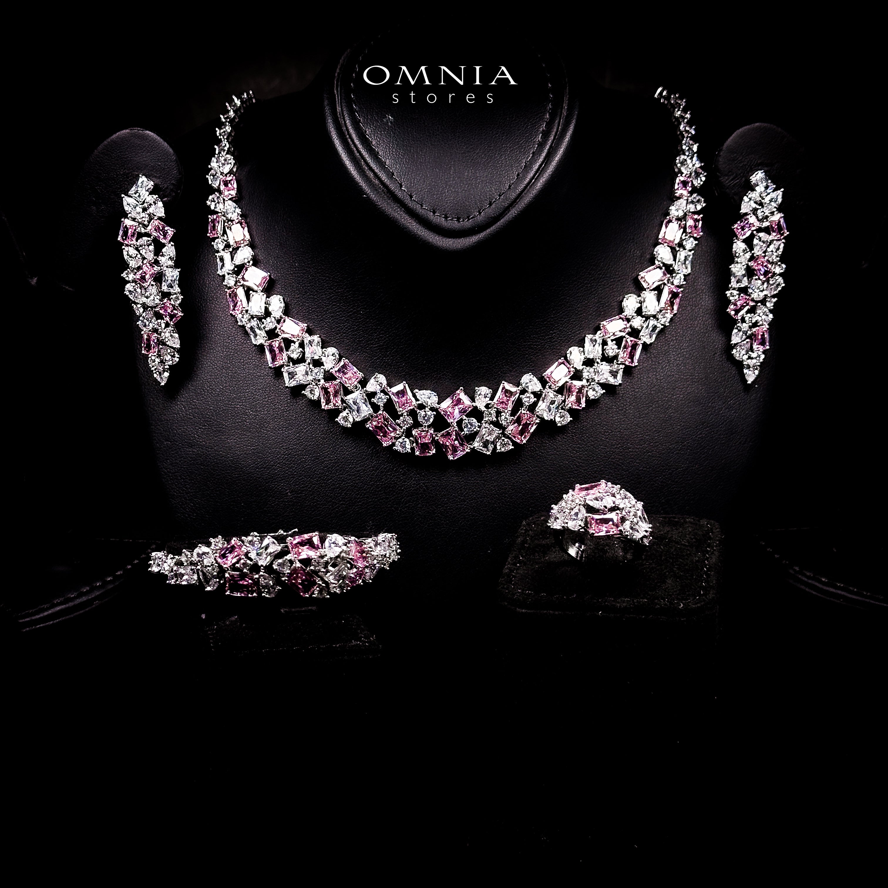 Omnia Anastasia Pink Luxury Bridal Full Set in High Quality Zircon Stone in Rhodium Plated