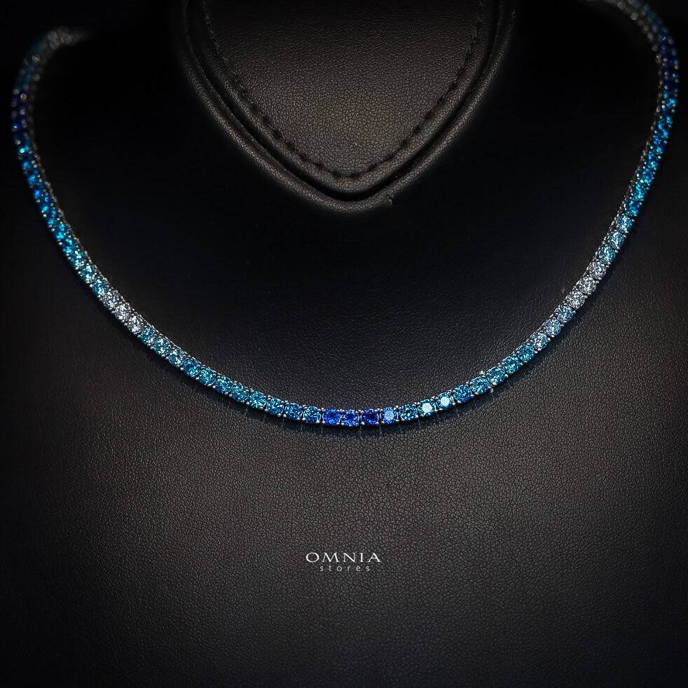 Omnia Saleen Blue Tennis Necklace 3mm 42cm in 92.5 Silver with High Quality Simulated Diamonds - OMNIASTORES UAE