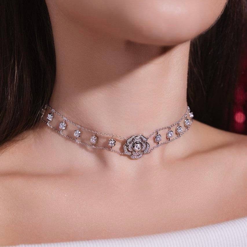 Omnia Rose Choker Necklace in 925 Silver with High Quality Simulated Diamonds - OMNIASTORES UAE
